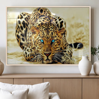45281-MGV-FP-36X24-3P_Natural-Blue Eye Leopard Wall Art Canvas Print, Framed Leopard Painting Art Picture Print, Big Cat Perfect Safari Wildlife Decor Artwork