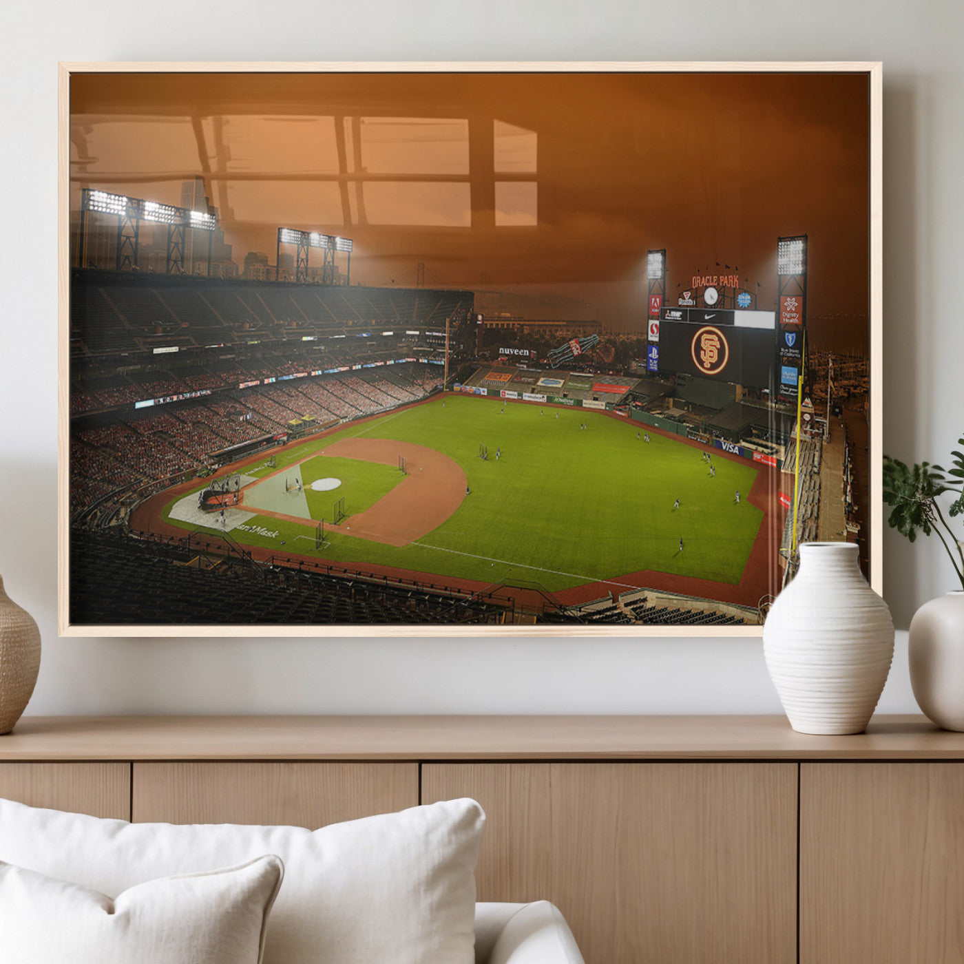 31315-MGV-FP-60X30-3P_Natural-Oracle Park Stadium Wall Art Canvas Print, Framed California Stadium Art Picture Print, Oracle Park Field Perfect Sport Room Decor