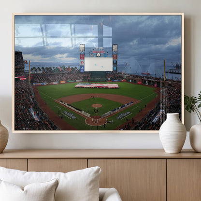 44631-MGV-FP-36X24-3P_Natural-Oracle Park Stadium Wall Art Canvas Print, Framed San Francisco Giants Art Picture Print, Giants Stadium Field Perfect Sports Room