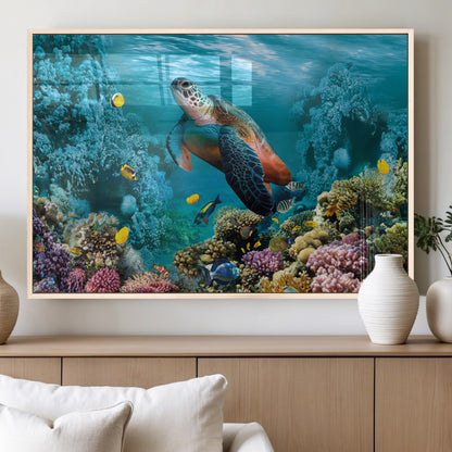 38661-MGV-FP-36X24-3P_Natural-Sea Turtle Wall Art Canvas Print, Framed Ocean Wildlife Art Picture Print, Turtle Perfect Coastal Nature Decor Artwork