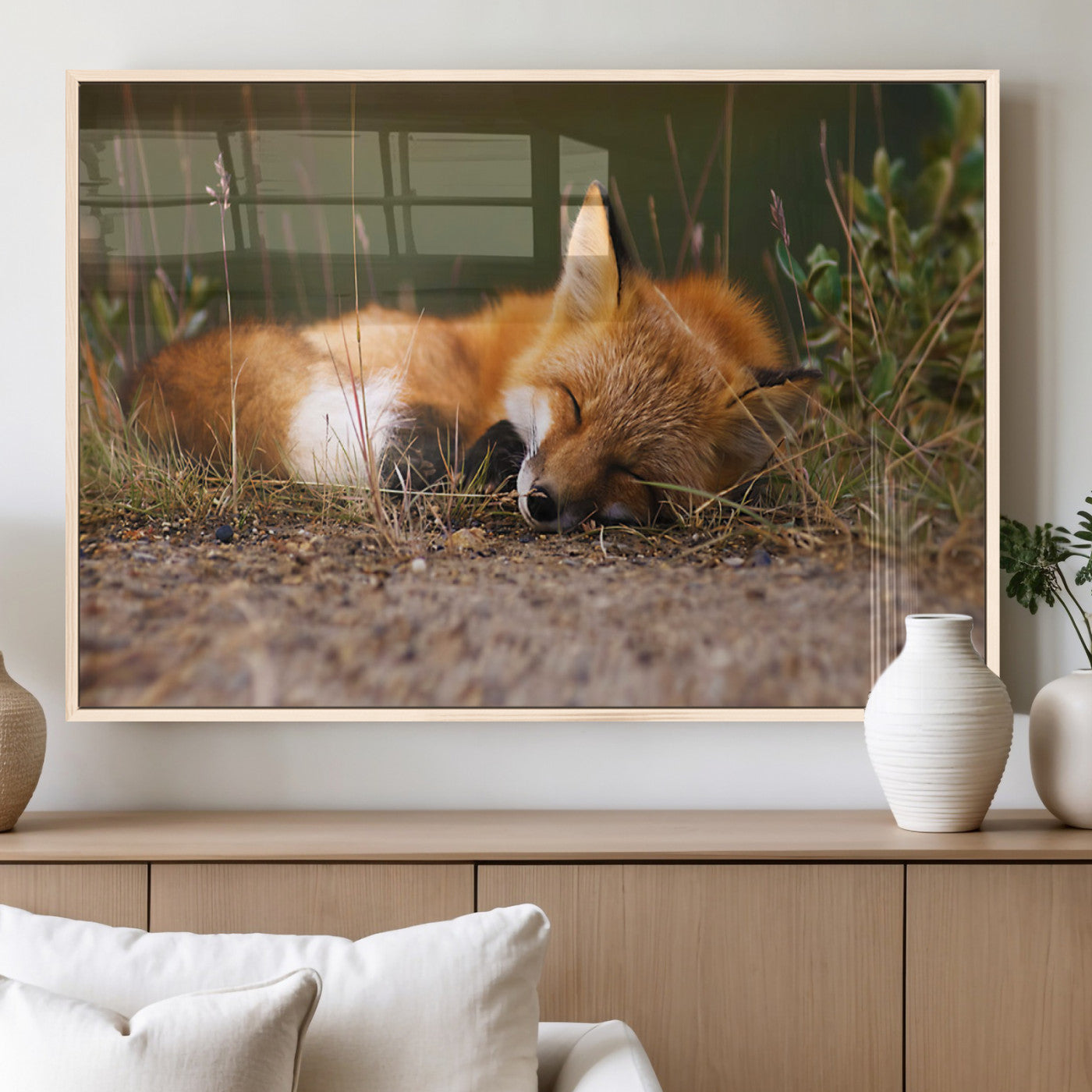 25085-MGV-FP-60X30-3P_Natural-Sleeping Fox Wall Art Canvas Print, Framed Rustic Fox Art Picture Print, Wildlife Animal Perfect Rustic Farmhouse Decor Artwork