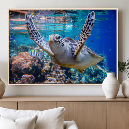 12683-MGV-FP-36X24-3P_Natural-Sea Turtle Wall Art – Graceful Ocean Canvas Print with Coral Reef and Tropical Fish, Coastal Marine Life Decor for Beach House,