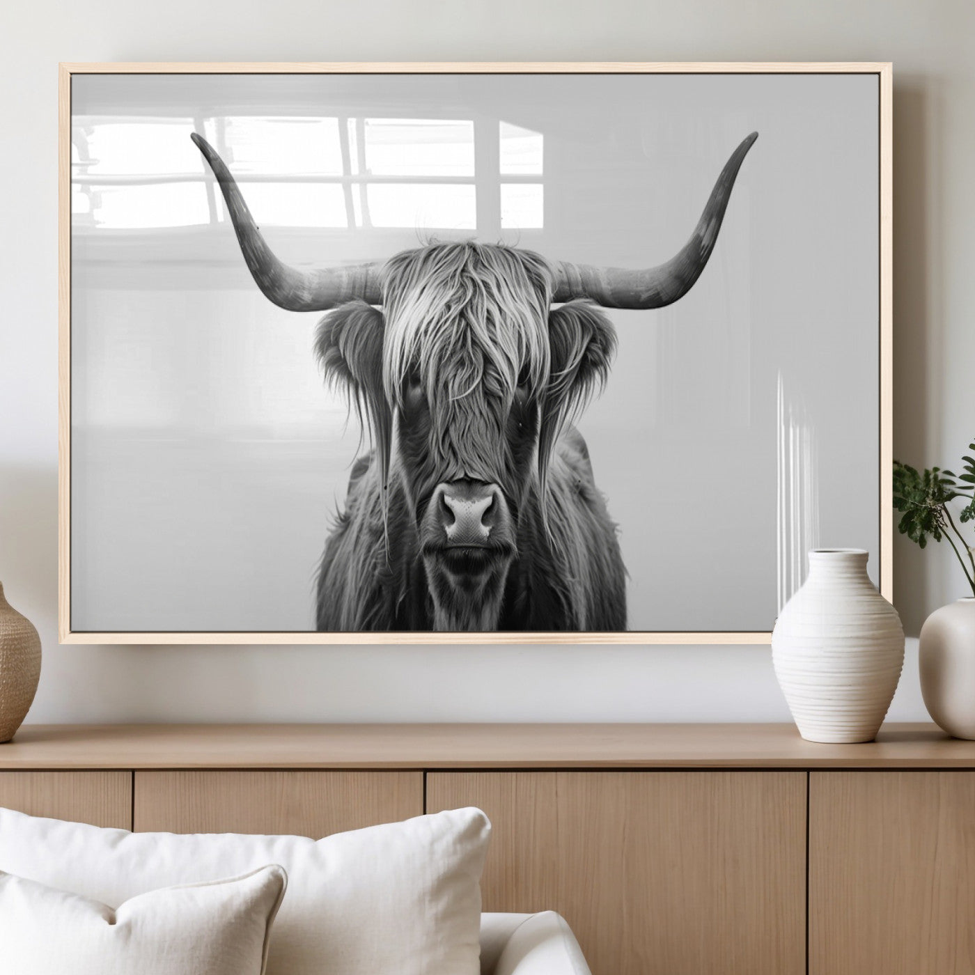 49556-MGV-FP-36X24-3P_Natural-Highland Cow Wall Art – Black and White Scottish Highland Cattle Print, Rustic Farmhouse Minimalist Animal Portrait Canvas for