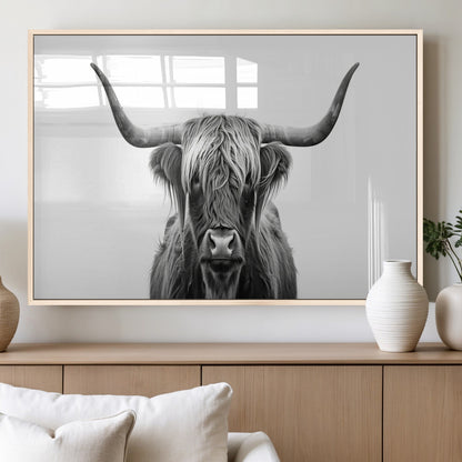 49556-MGV-FP-36X24-3P_Natural-Highland Cow Wall Art – Black and White Scottish Highland Cattle Print, Rustic Farmhouse Minimalist Animal Portrait Canvas for