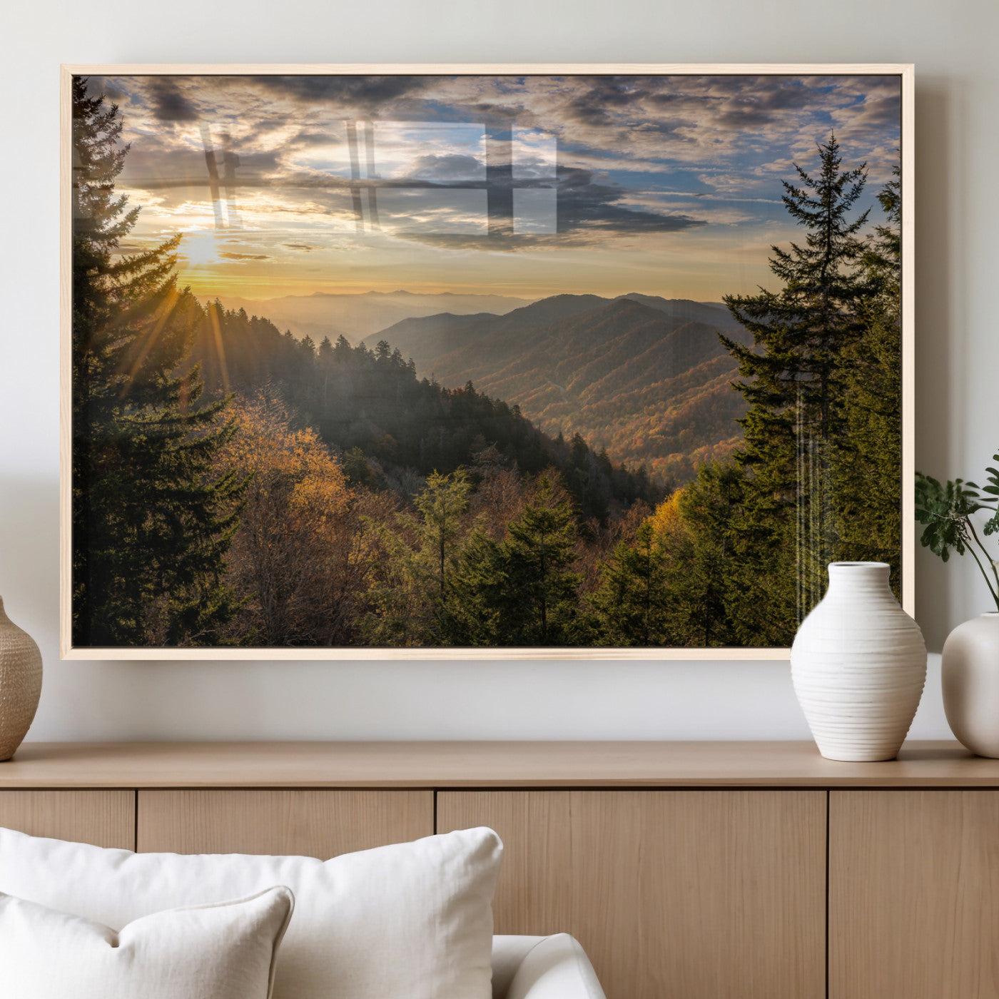 73692479-MGV-FP-36X24-3P_Natural-Smoky Mountains Wall Art Canvas Print, Framed Forest Mountain Art Picture Print, Spring Mountain Perfect Spring Style Decor