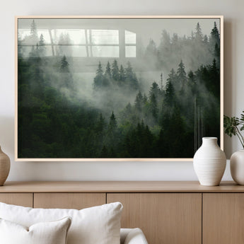 167720496-MGV-FP-36X24-3P_Natural-Misty Forest Wall Art – Serene Evergreen Trees Canvas Print, Foggy Mountain Nature Landscape Decor for Bedroom, Living Room or