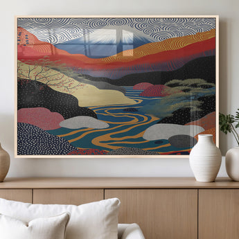 32131-MGV-FP-36X24-3P_Natural-Japanese Mount Fuji Wall Art – Abstract Landscape Canvas Print with Swirling Sky & River, Modern Minimalist Asian Inspired Poster