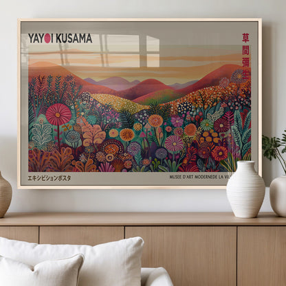 66096-MGV-FP-36X24-3P_Natural-Yayoi Kusama Wall Art – Sunset Floral Landscape Canvas Print, Vibrant Flower Garden Panorama for Living Room, Bedroom or Office