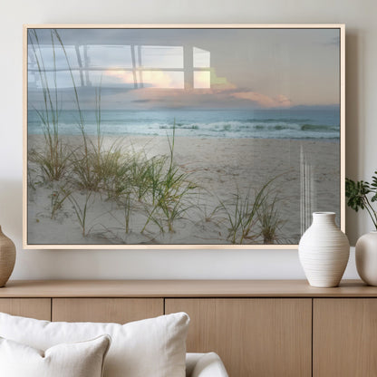 Test1001-MGV-FP-36X24-3P_Natural-Coastal Beach Wall Art – Panoramic Ocean Waves and Sandy Dunes Canvas Print, Serene Seascape with Sea Oats for Relaxing Home or