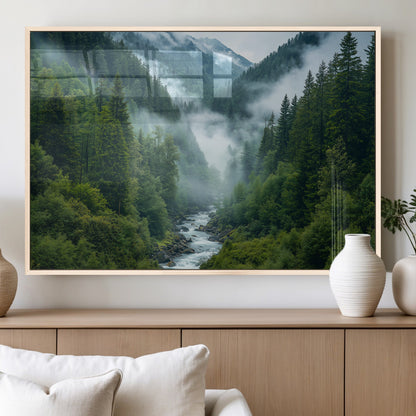 69453-MGV-FP-36X24-3P_Natural-Mountain Forest Wall Art – Misty River and Evergreen Landscape Canvas Print, Nature Photography Poster for Living Room, Bedroom,