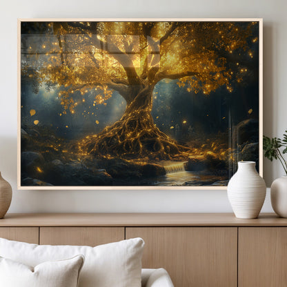 92739-MGV-FP-36X24-3P_Natural-Glowing Tree Wall Art – Enchanted Golden Forest Canvas Print, Mystical Illuminated Nature Painting Poster for Living Room,