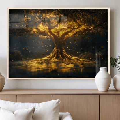 59580-MGV-FP-36X24-3P_Natural-Glowing Tree Wall Art – Golden Fantasy Nature Canvas Print, Mystical Illuminated Tree Painting Poster for Living Room, Bedroom,