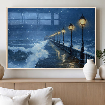 32668-MGV-FP-36X24-3P_Natural-Stormy Pier Wall Art – Ocean Waves and Street Lamps Canvas Print, Rainy Night Seascape Oil Painting Poster for Living Room,