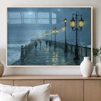 79606-MGV-FP-36X24-3P_Natural-Rainy Pier Night Wall Art – Ocean Waves and Street Lamps Canvas Print, Moody Seascape Oil Painting Poster for Living Room,
