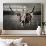 69238-MGV-FP-36X24-3P_Natural-Longhorn Bull Wall Art – Rustic Black and White Texas Cattle Canvas Print, Western Farmhouse Animal Photography for Living Room,