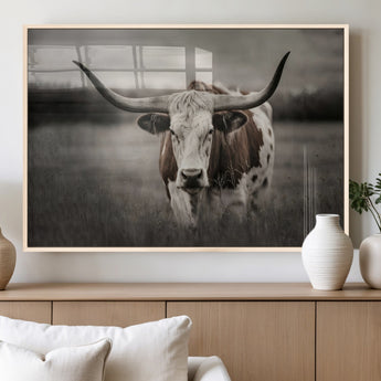69238-MGV-FP-36X24-3P_Natural-Longhorn Bull Wall Art – Rustic Black and White Texas Cattle Canvas Print, Western Farmhouse Animal Photography for Living Room,