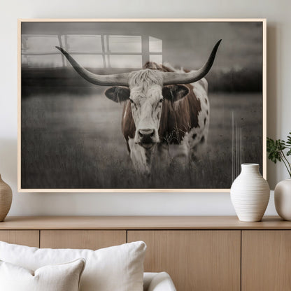69238-MGV-FP-36X24-3P_Natural-Longhorn Bull Wall Art – Rustic Black and White Texas Cattle Canvas Print, Western Farmhouse Animal Photography for Living Room,
