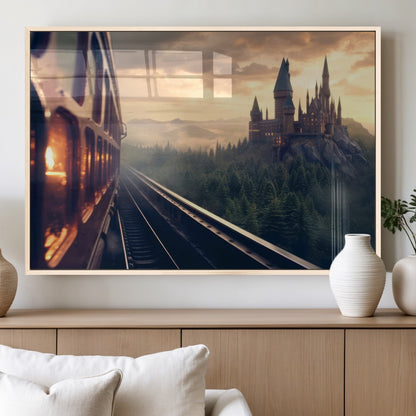 84029-MGV-FP-60X30-3P_Natural-Fantasy Castle Wall Art – Magical Train Sunset Forest Canvas Print, Enchanted Landscape Painting Poster for Living Room, Bedroom,