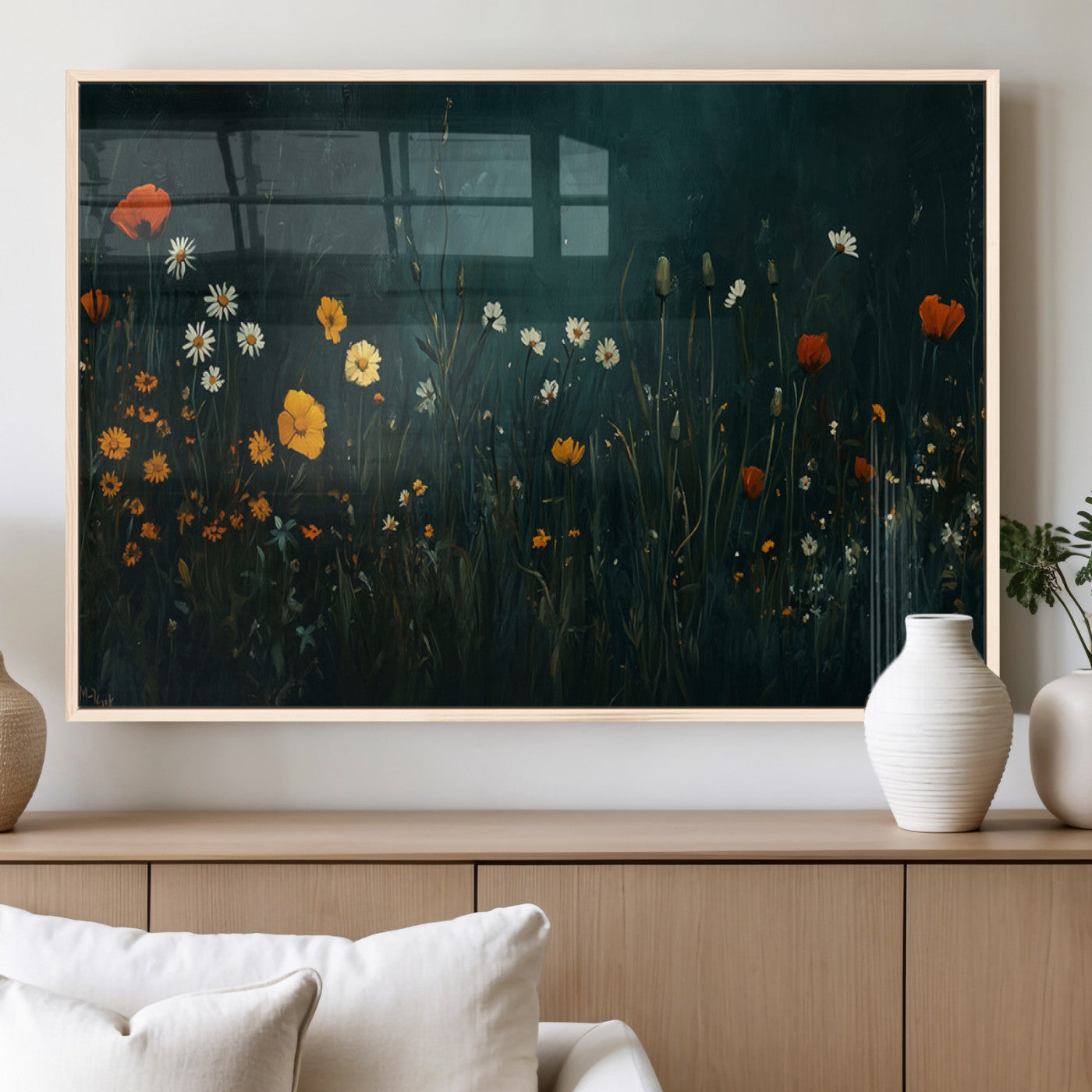 87037-MGV-FP-60X30-3P_Natural-Wildflower Wall Art – Dark Botanical Floral Canvas Print, Modern Nature Painting Poster with Daisies Poppies Orange Flowers for
