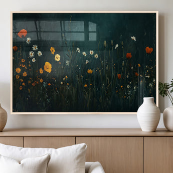 87037-MGV-FP-60X30-3P_Natural-Wildflower Wall Art – Dark Botanical Floral Canvas Print, Modern Nature Painting Poster with Daisies Poppies Orange Flowers for