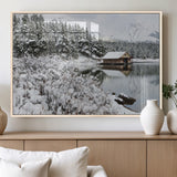 29975-MGV-FP-36X24-3P_Natural-Winter Cabin by the Lake Wall Art – Snowy Mountain Landscape Canvas Print, Rustic Lodge Cabin Decor for Cozy Living Room, Bedroom
