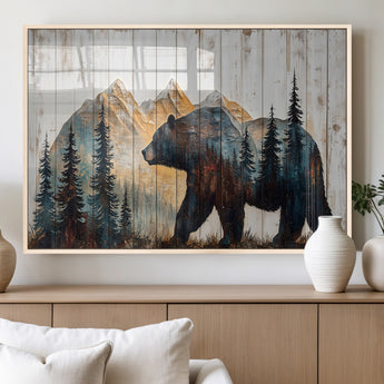 90077-MGV-FP-60X30-3P_Natural-Wood Grizzly Bear Wall Art Canvas Print, Framed Abstract Bear Art Picture Print, Bear in Forest Perfect Rustic Lodge Decor Artwork