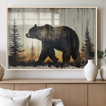 83875-MGV-FP-60X30-3P_Natural-Sunset Bear Wall Art – Rustic Wildlife Canvas Print with Forest Silhouette, Cabin Lodge Decor for Living Room or Office