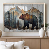 55777-MGV-FP-60X30-3P_Natural-Rustic Bear Wall Art Canvas Print, Framed Mountain and Forest Art Picture Print, Wooden Bear Perfect Rustic Lodge Decor Artwork