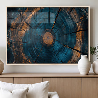 65231-MGV-FP-36X24-3P_Natural-Blue and Gold Tree Ring Wall Art – Rustic Abstract Wood Slice Canvas Print, Modern Nature Inspired Artwork for Living Room,