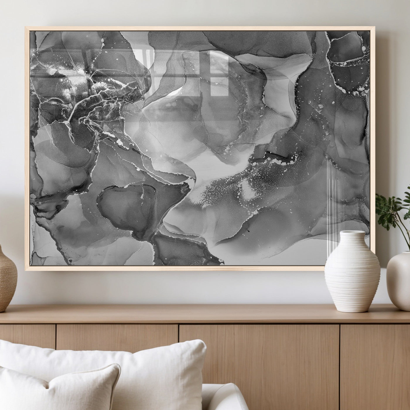 15911-MGV-FP-36X24-3P_Natural-Black and White Abstract Wall Art – Modern Ink Swirl Canvas Print, Minimalist Contemporary Painting for Living Room, Bedroom,