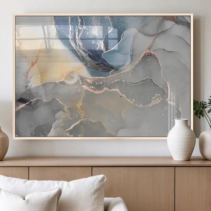 18176-MGV-FP-36X24-3P_Natural-Abstract Fluid Wall Art – Modern Marble Ink Canvas Print with Blue, Gold, and Gray Tones, Contemporary Minimal Artwork Decor for