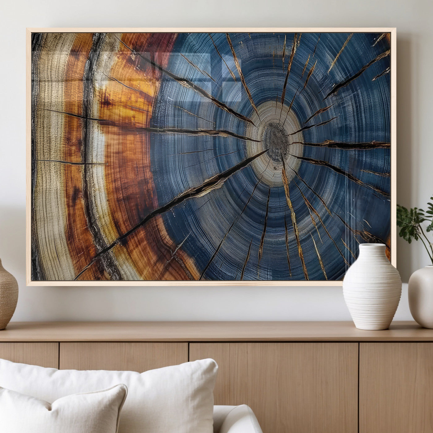 10583-MGV-FP-36X24-3P_Natural-Tree Ring Wall Art – Abstract Wood Grain Canvas Print with Blue and Brown Tones, Nature Inspired Rustic Artwork for Living Room,