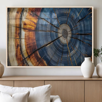 10583-MGV-FP-36X24-3P_Natural-Tree Ring Wall Art – Abstract Wood Grain Canvas Print with Blue and Brown Tones, Nature Inspired Rustic Artwork for Living Room,
