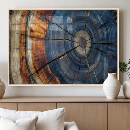 10583-MGV-FP-36X24-3P_Natural-Tree Ring Wall Art – Abstract Wood Grain Canvas Print with Blue and Brown Tones, Nature Inspired Rustic Artwork for Living Room,
