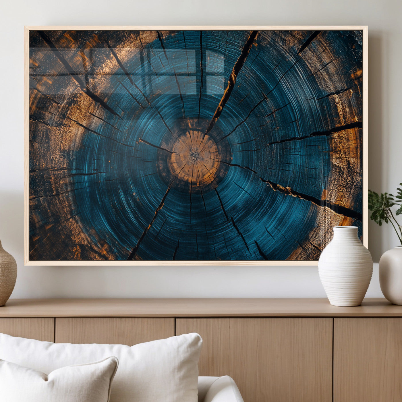 13398-MGV-FP-36X24-3P_Natural-Tree Ring Wall Art – Abstract Wood Grain Canvas Print with Blue and Orange Accents, Rustic Nature Inspired Artwork for Living