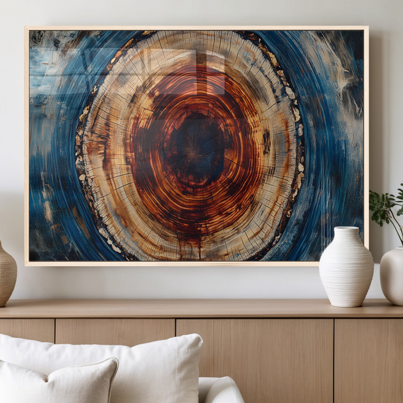 90395-MGV-FP-36X24-3P_Natural-Tree Ring Wall Art – Abstract Wood Grain Canvas Print with Fiery Red and Blue Tones, Bold Rustic Nature Inspired Artwork Decor for