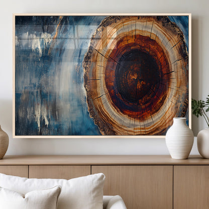 48045-MGV-FP-36X24-3P_Natural-Tree Ring Abstract Wall Art – Rustic Wood Grain Canvas Print with Brown Center and Blue Brush Strokes, Nature Inspired Artwork for