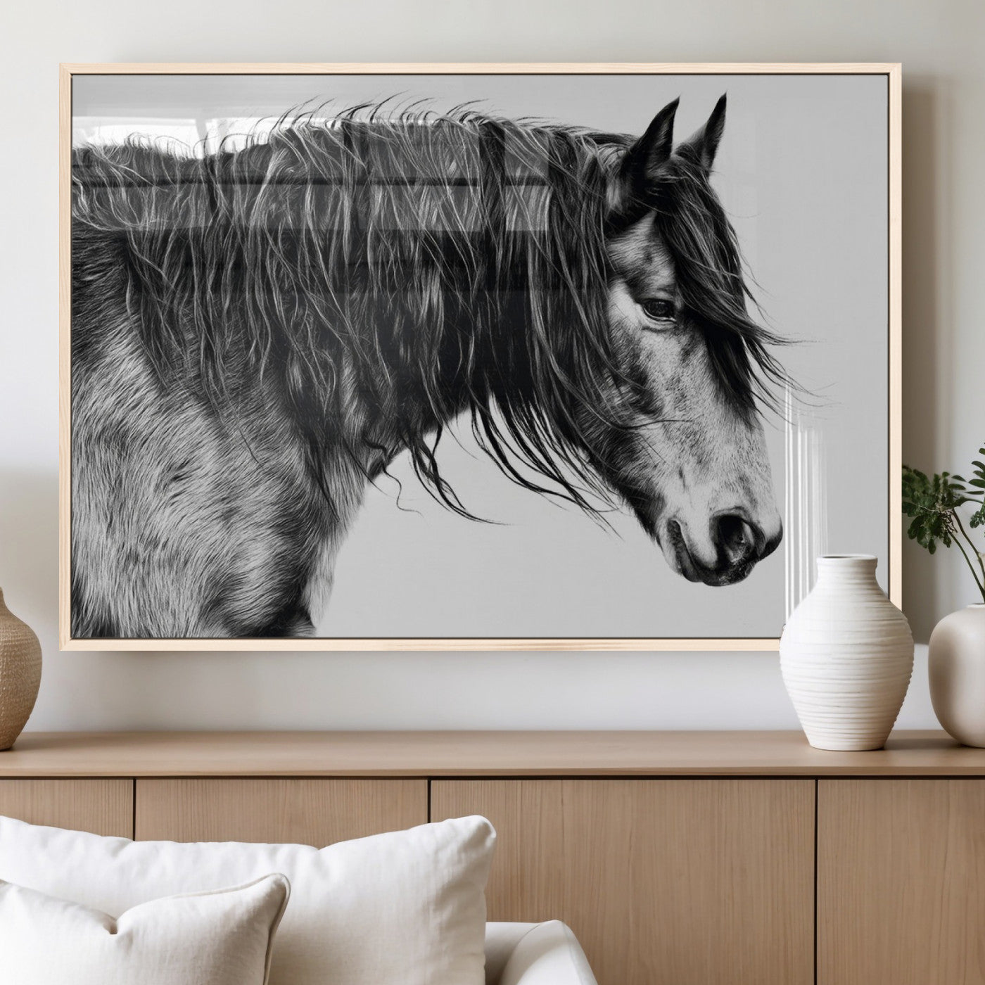 57694-MGV-FP-36X24-3P_Natural-Horse Portrait Wall Art – Black and White Canvas Print with Detailed Stallion Profile, Rustic Farmhouse Equestrian Artwork for