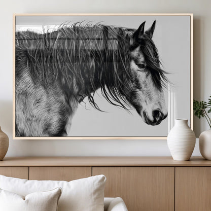 57694-MGV-FP-36X24-3P_Natural-Horse Portrait Wall Art – Black and White Canvas Print with Detailed Stallion Profile, Rustic Farmhouse Equestrian Artwork for
