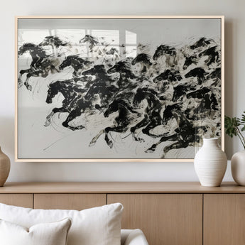 23069-MGV-FP-36X24-3P_Natural-Galloping Horses Wall Art – Black Ink Painting on Canvas, Dynamic Equestrian Artwork with Running Stallions, Expressive Modern
