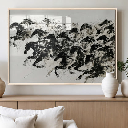 23069-MGV-FP-36X24-3P_Natural-Galloping Horses Wall Art – Black Ink Painting on Canvas, Dynamic Equestrian Artwork with Running Stallions, Expressive Modern