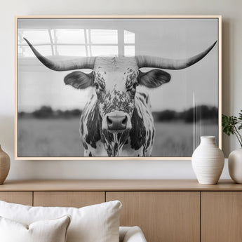 20272-MGV-FP-60X30-3P_Natural-Highland Cow Wall Art – Black and White Western Longhorn Canvas Print, Farmhouse Living Room Decor Southwestern Animal Artwork for