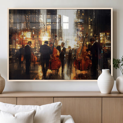 58782-MGV-FP-36X24-3P_Natural-Jazz Musicians Cityscape Wall Art – Vibrant Urban Night Canvas Print, Elegant Music Themed Decor for Living Room, Office, or Music