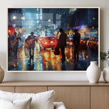 94605-MGV-FP-36X24-3P_Natural-City Jazz Night Wall Art – Vibrant Music Canvas Print Featuring Saxophone, Guitar and Bass Players, Urban Street Scene Artwork for