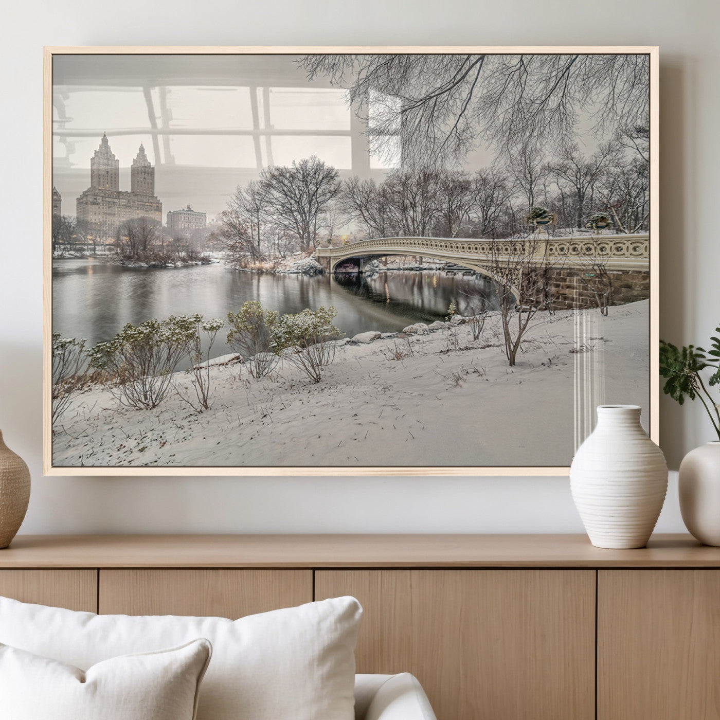 60292-MGV-FP-36X24-3P_Natural-Central Park Winter Wall Art – Snowy Bow Bridge Canvas Print, Scenic New York City Landscape Photography for Living Room, Bedroom