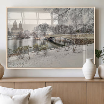 60292-MGV-FP-36X24-3P_Natural-Central Park Winter Wall Art – Snowy Bow Bridge Canvas Print, Scenic New York City Landscape Photography for Living Room, Bedroom