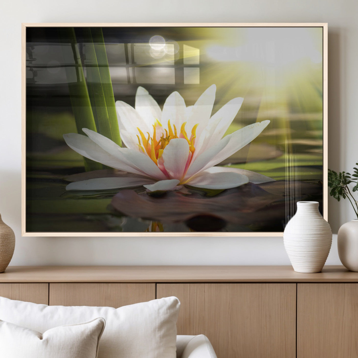 40478-MGV-FP-36X24-3P_Natural-Water Lily Wall Art – White Lotus Flower Canvas Print with Sunlight Reflection, Serene Botanical Artwork for Living Room, Bedroom,