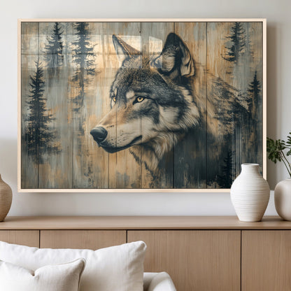 51892-MGV-FP-36X24-3P_Natural-Wolf Wall Art – Rustic Canvas Print of Wolf with Forest Trees on Wood Texture, Wildlife Lodge Artwork for Living Room, Bedroom,