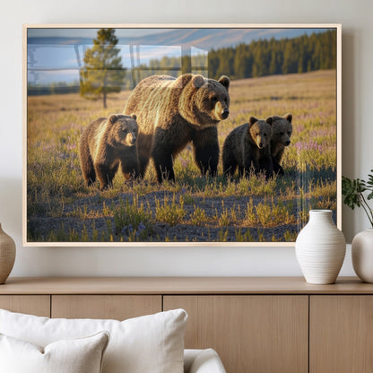 43400-MGV-FP-36X24-3P_Natural-Bear Family Wall Art – Wildlife Canvas Print of Mother Bear with Cubs in Sunlit Meadow, Rustic Animal Artwork for Living Room,