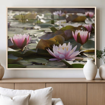 28394-MGV-FP-36X24-3P_Natural-Water Lily Pond Wall Art – Pink Lotus Flowers Canvas Print with Green Lily Pads, Peaceful Botanical Artwork for Living Room,